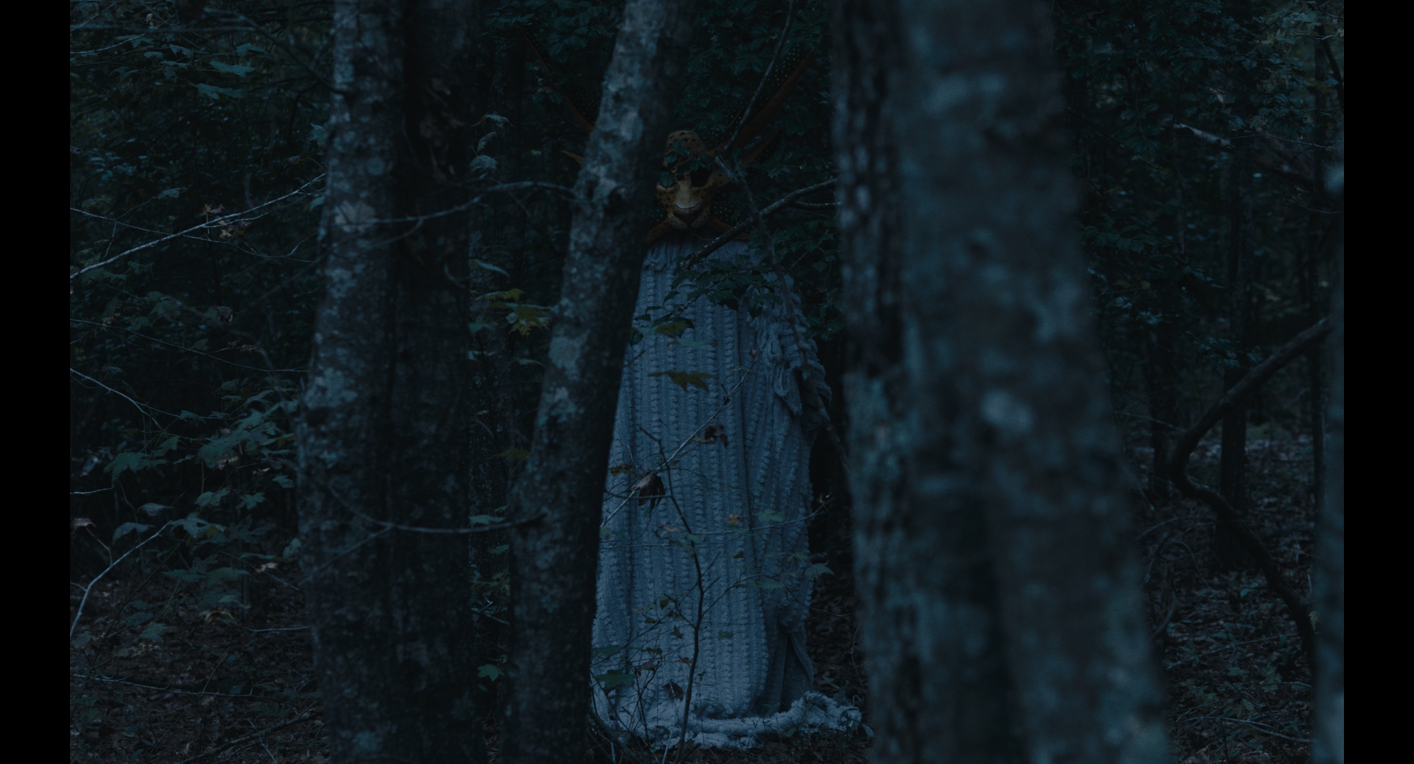 A masked figure standing in a dark forest