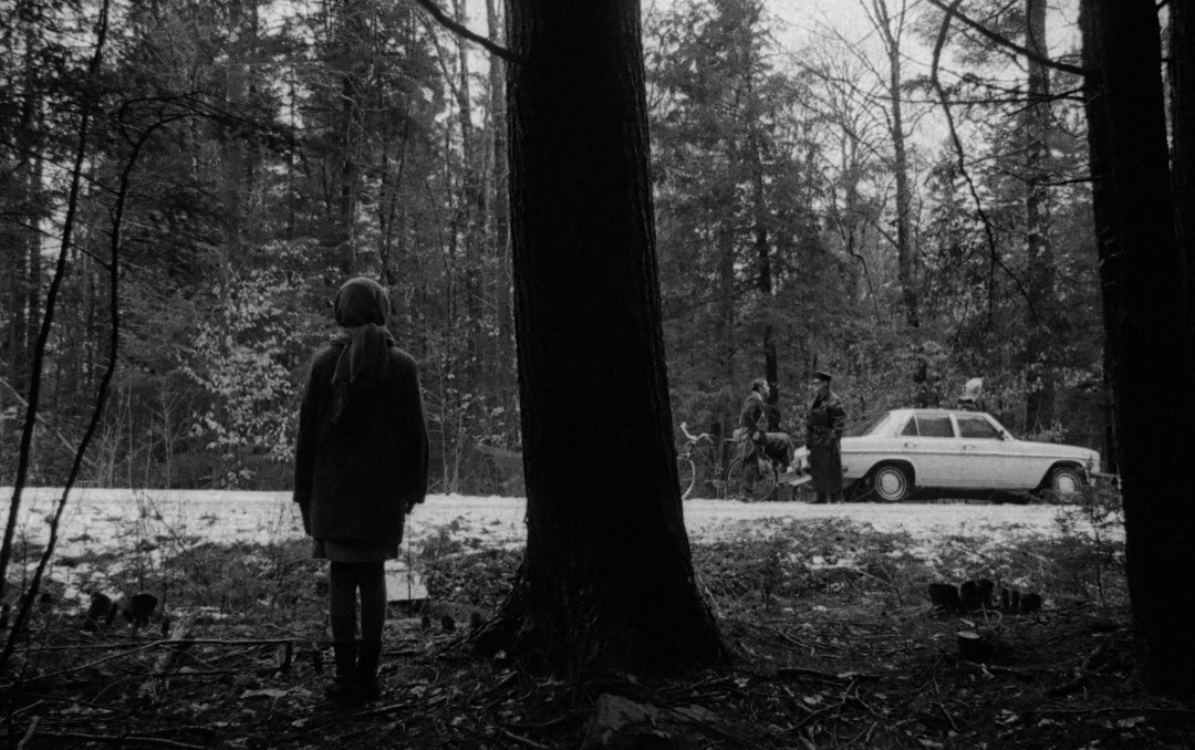 A figure watches people beside a car in The Silence